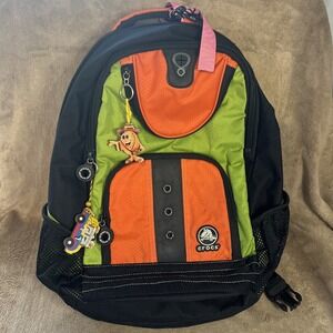 Crocs Full Size Backpack Black Orange Green 18" x 12" Crocodile Jibbits Holders